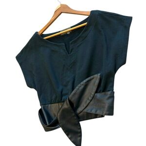 Anthropologie size S Black Top with Faux Leather Detail- GUC black cotton fades
